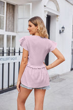 Buttoned V-neck Ruffle Trim Top (16)