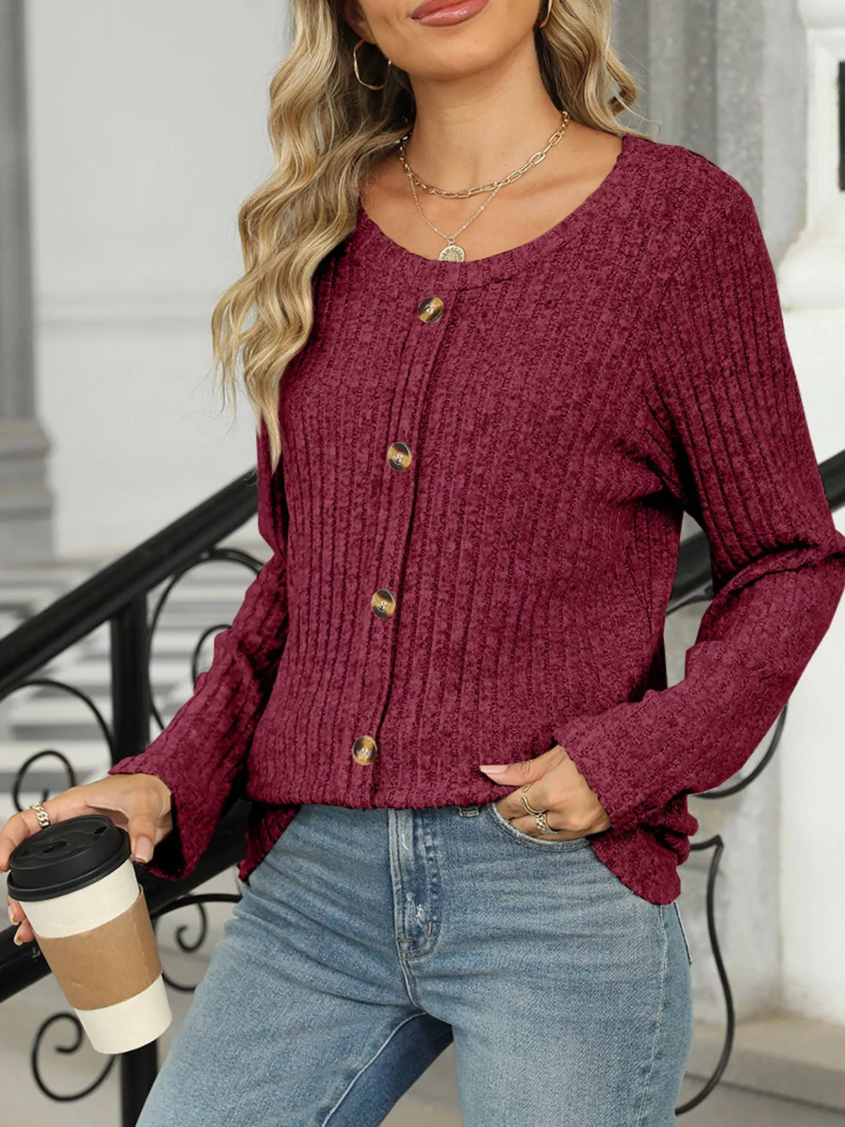 Ribbed Round Neck Long Sleeve Top (23)