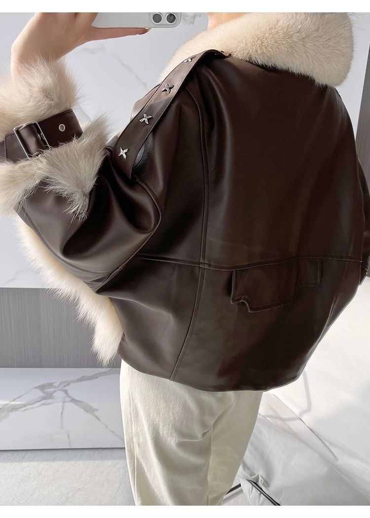 Sense Fox Fur Stitching Leather Coat photo 2