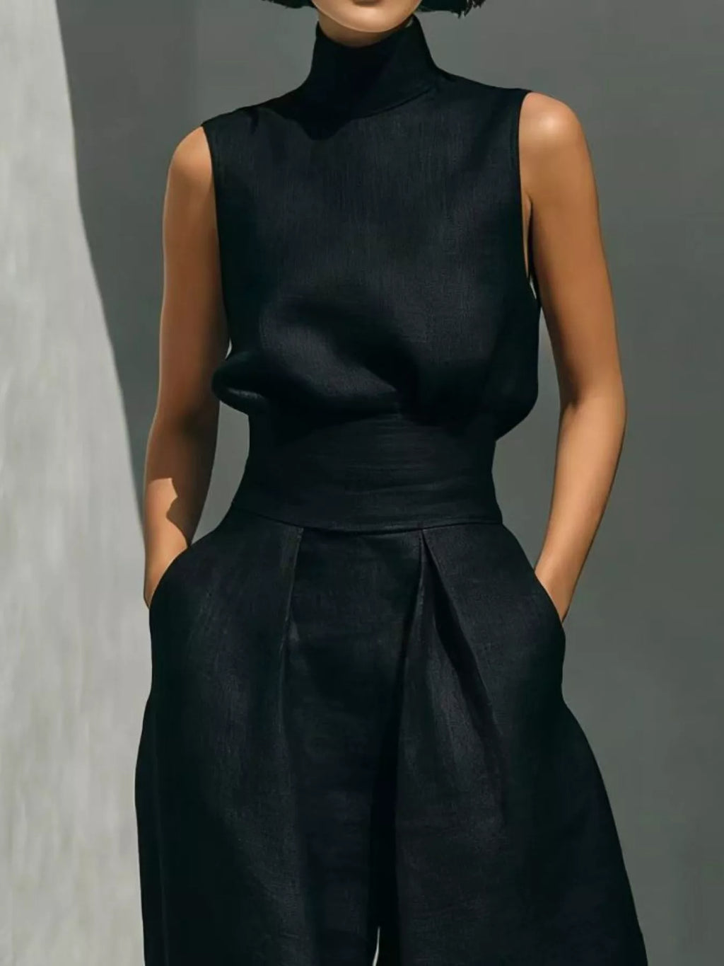Full Size Turtleneck Sleeveless Top Wide Leg Pants Set Plus (2)
