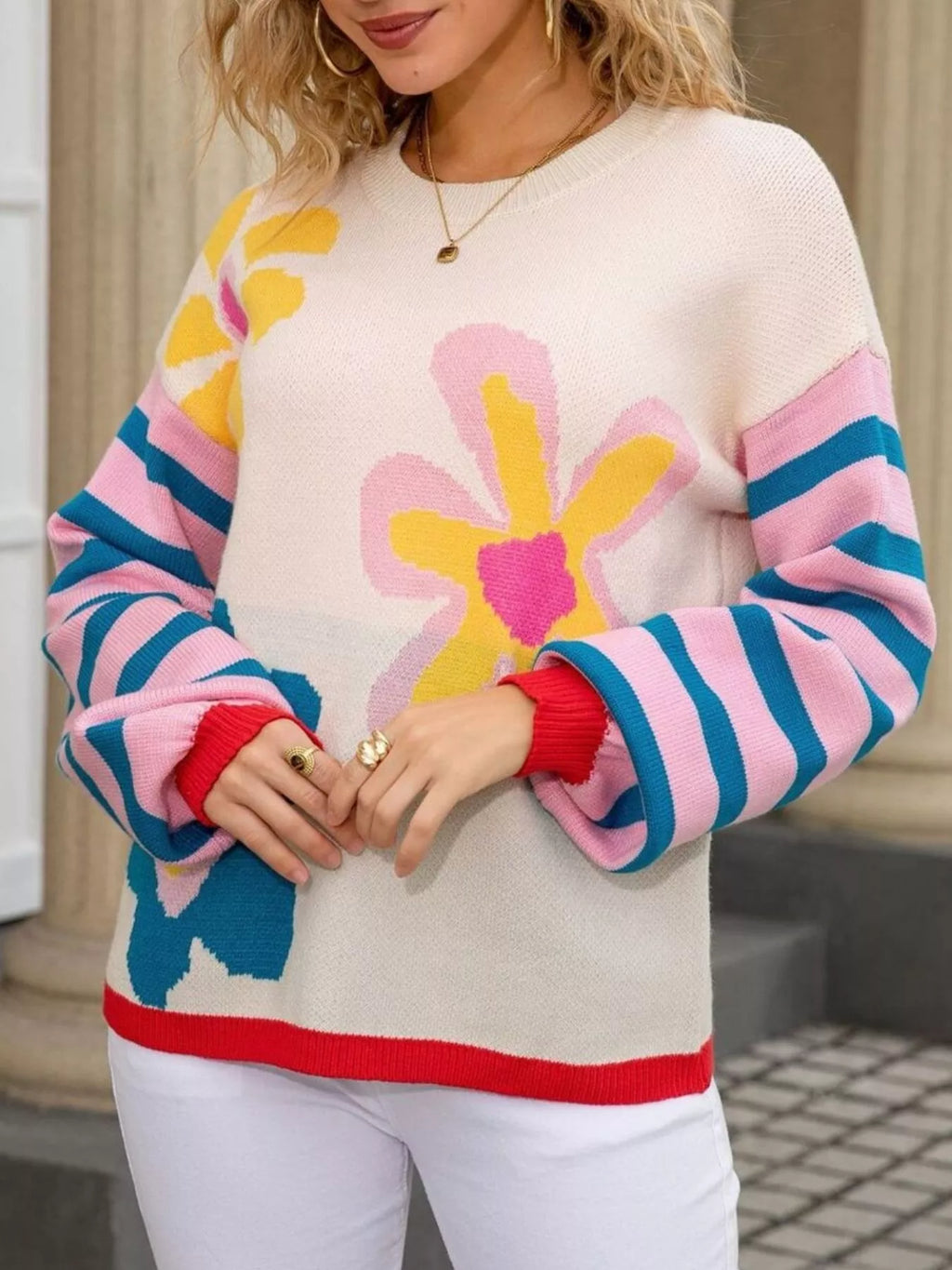 Floral Striped Crew Neck Sweater (19)