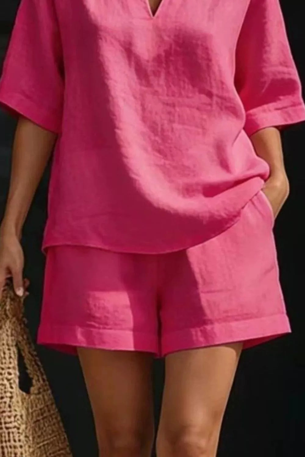 Notched Half Sleeve Top Shorts Set (3)