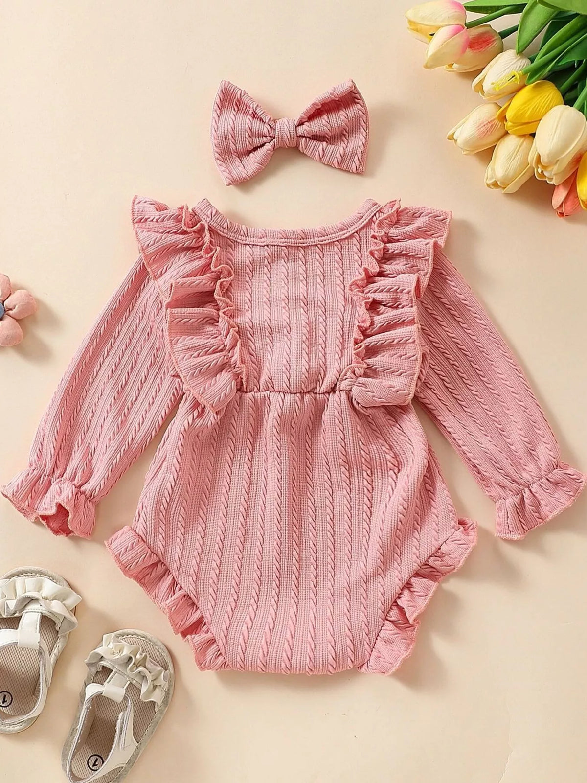 Children's Ruffled Long Sleeve One-piece Bodysuit Headband (8)