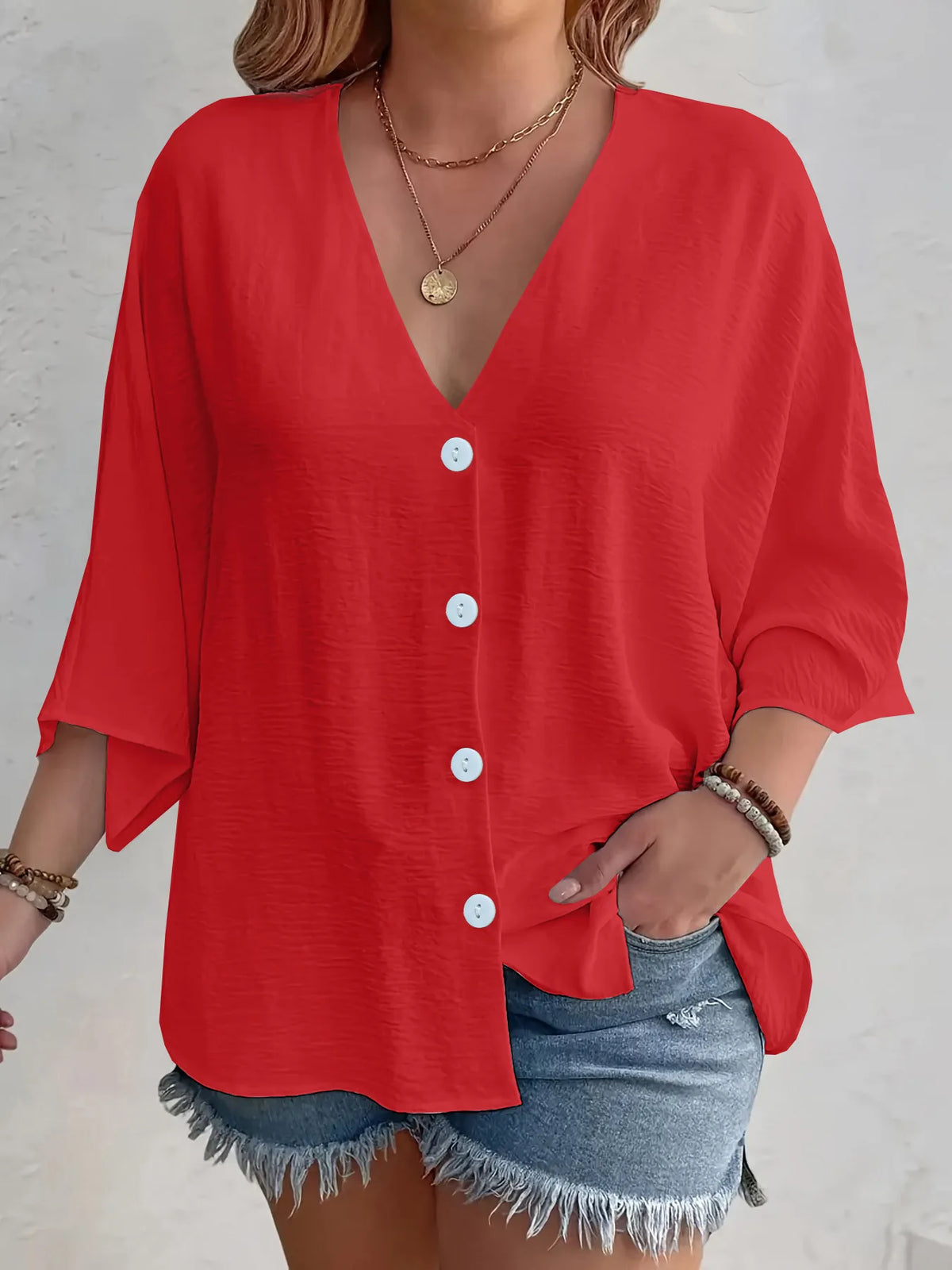 Full Size Casual V-neck Button Down Relaxed Fit Blouse Plus (19)