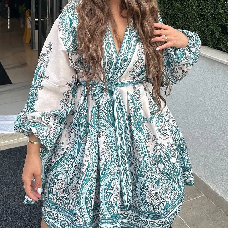 Elegant V-neck Loose Lace-up Casual Dress photo 1