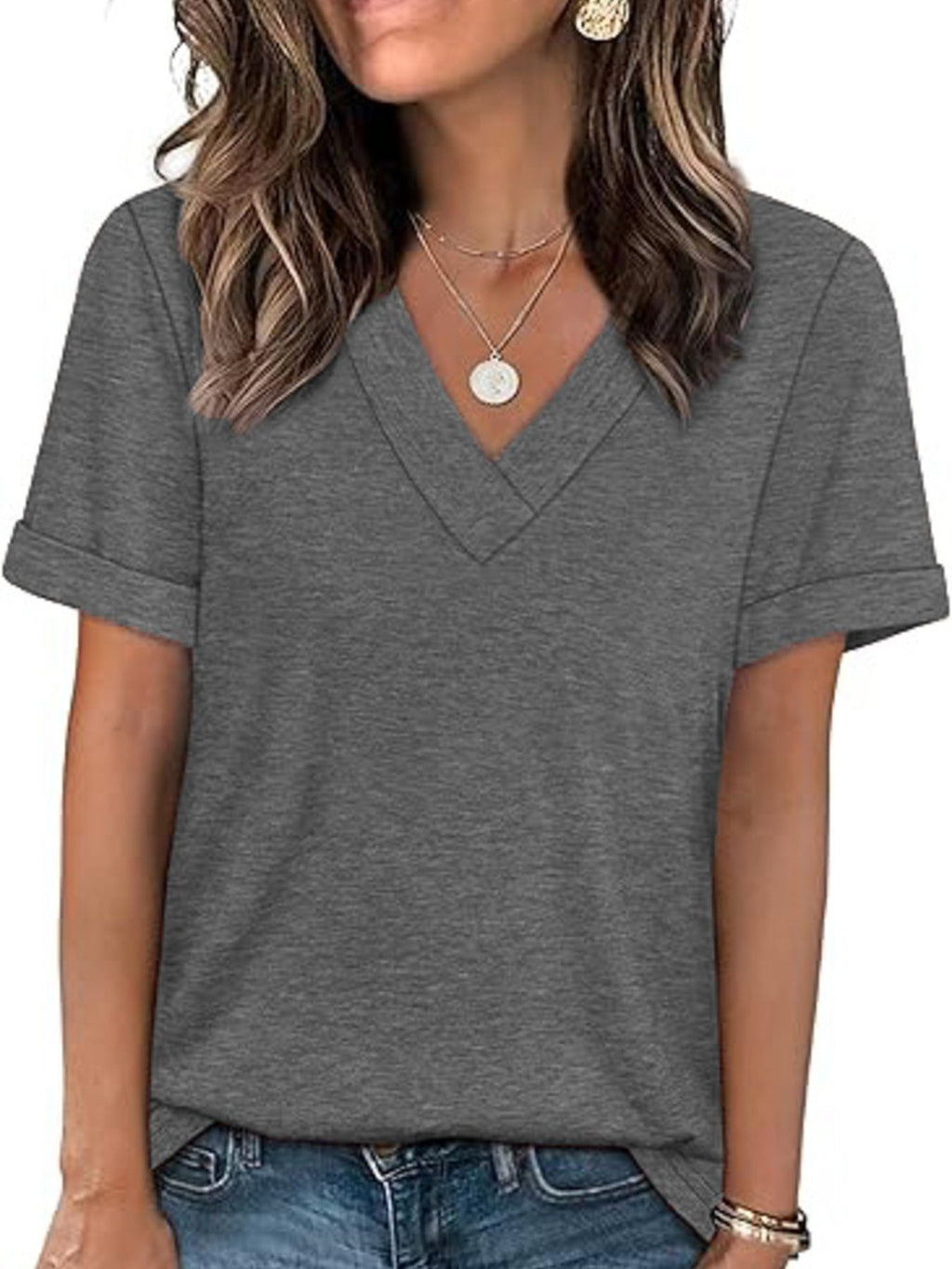 Casual V-neck Short Sleeve T-shirt (15)