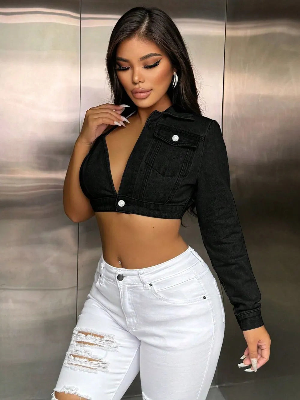 One Shoulder Long Sleeve Cropped Denim Top (7)