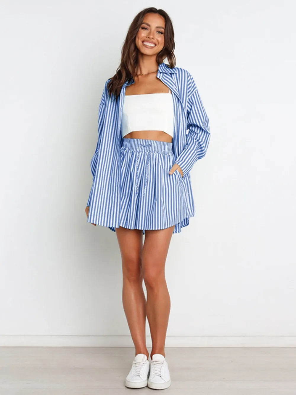 Striped Dropped Shoulder Shirt Shorts Set (7)