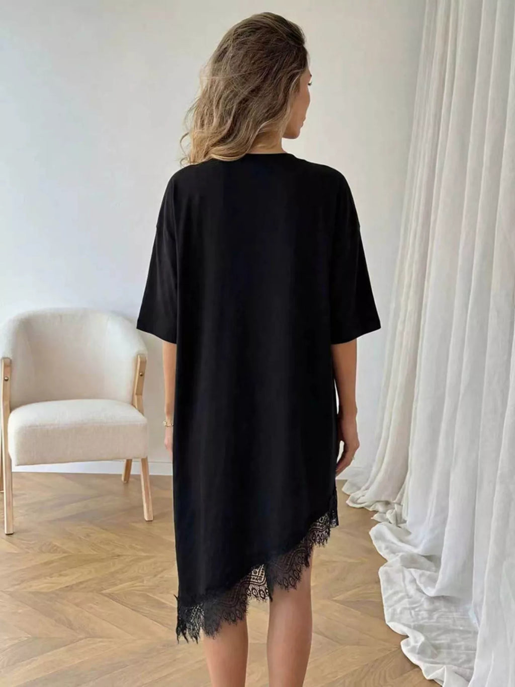 Lace Trim Asymmetrical Hem T-shirt Dress (9)