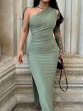 One-shoulder Ruched Bodycon Slit Dress