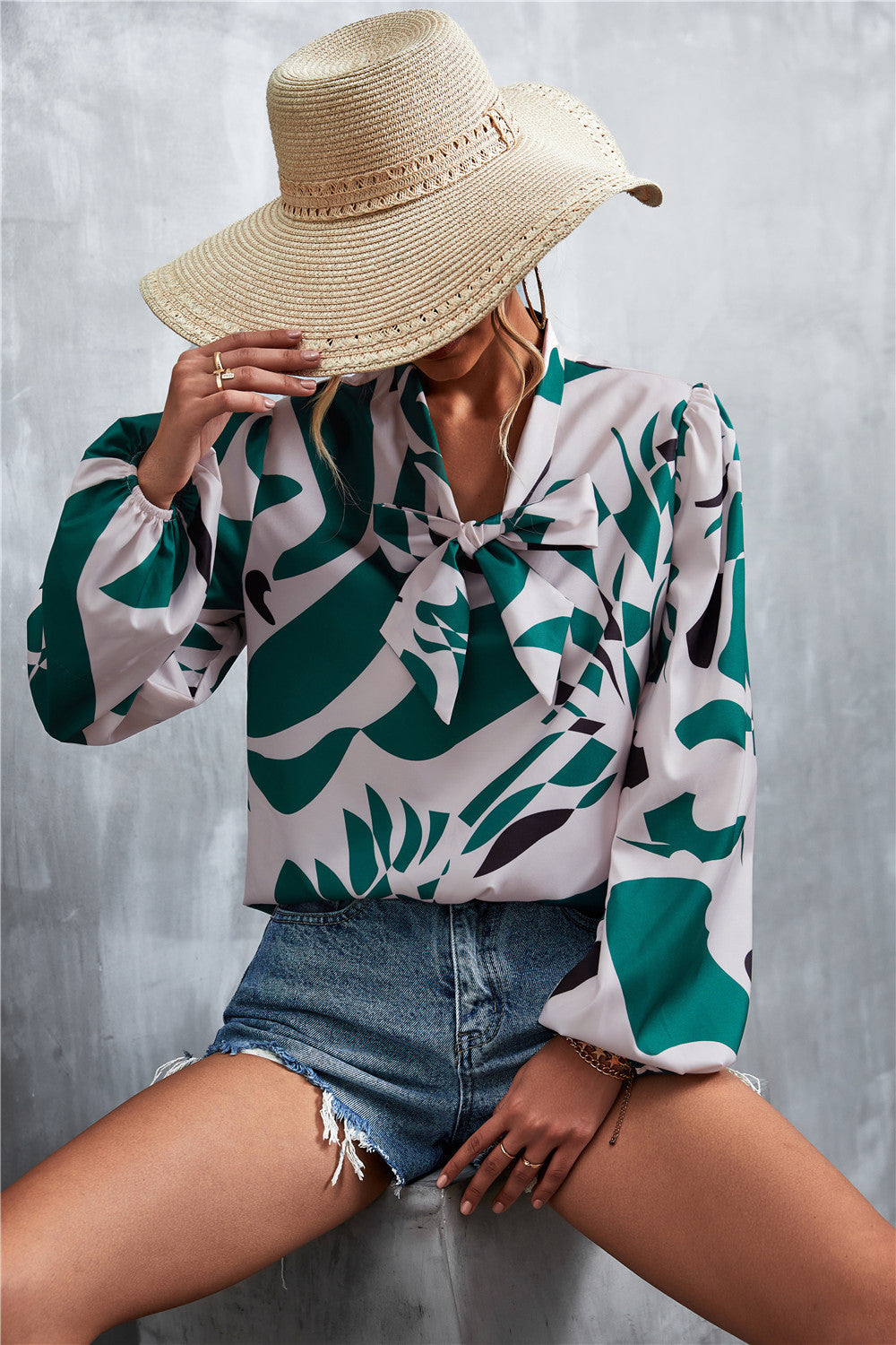 Printed Tie Neck Puff Sleeve Blouse (14)