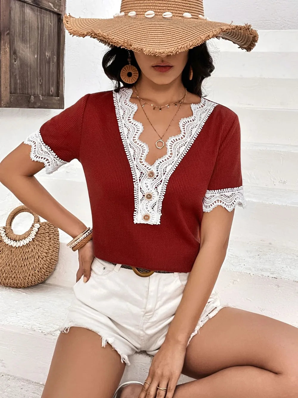 Lace Detail V-neck Short Sleeve T-shirt (2)