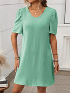 Textured Round Neck Short Sleeve Mini Dress (14)