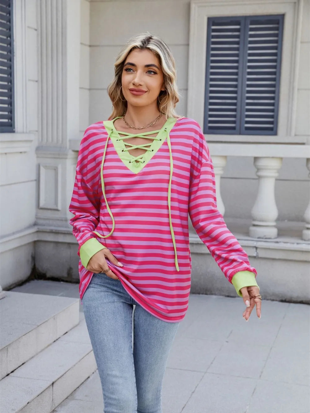Lace-up Striped Long Sleeve T-shirt (3)