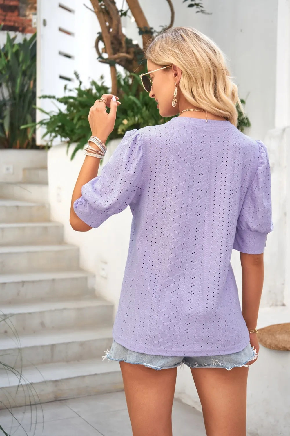 Openwork Round Neck Short Sleeve Blouse (3)
