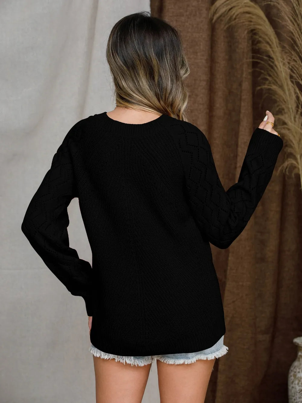 Openwork Round Neck Raglan Sleeve Sweater (7)