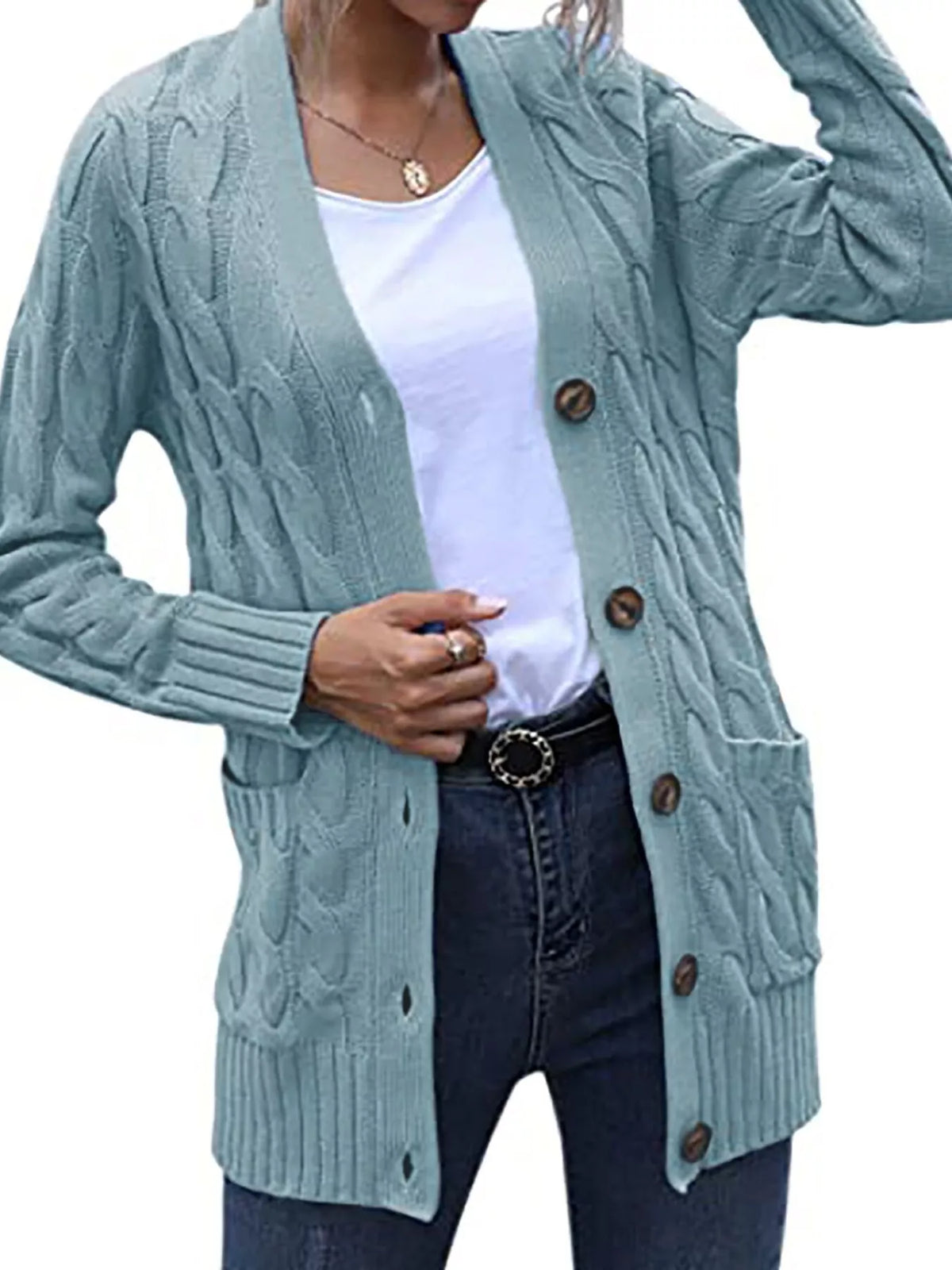 Full Size Chunky Cable Knit Button-down Cardigan Plus (3)