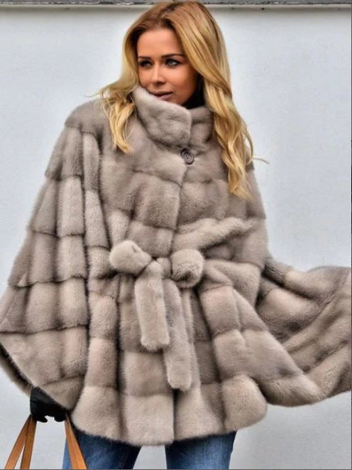 Solid Faux Fur Jacket Stand Collar Loose Belt photo 2
