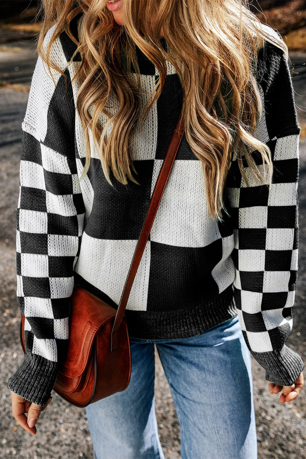 Checkered Round Neck Drop Shoulder Sweater (18)