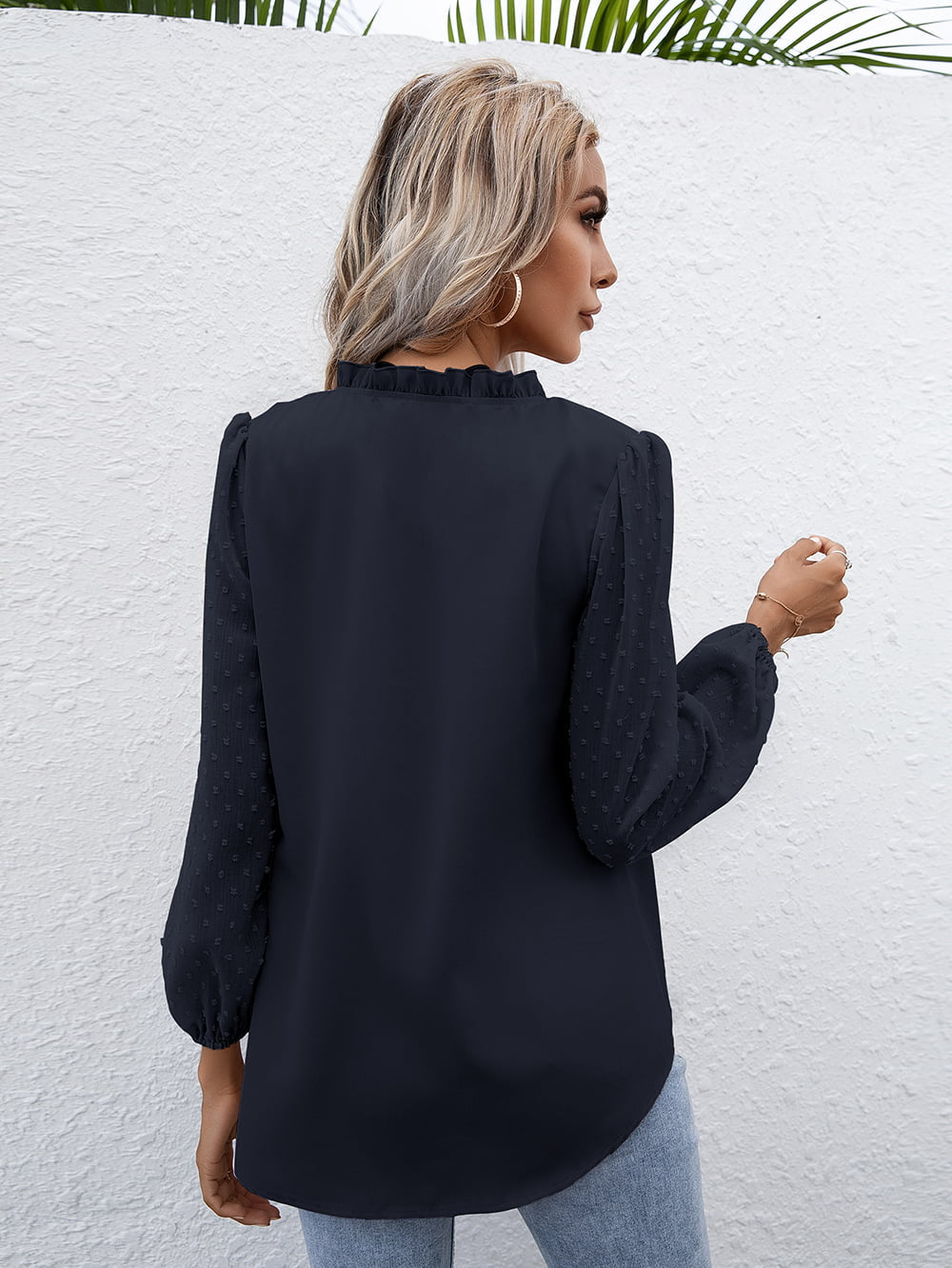 Swiss Dot Frill Trim Puff Sleeve Blouse (9)