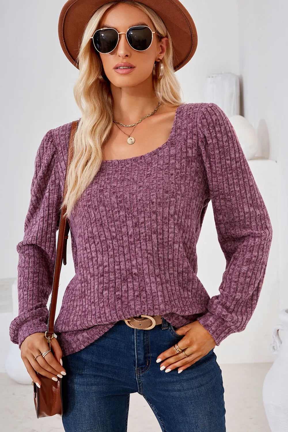 Ribbed Square Neck Long Sleeve T-shirt (22)