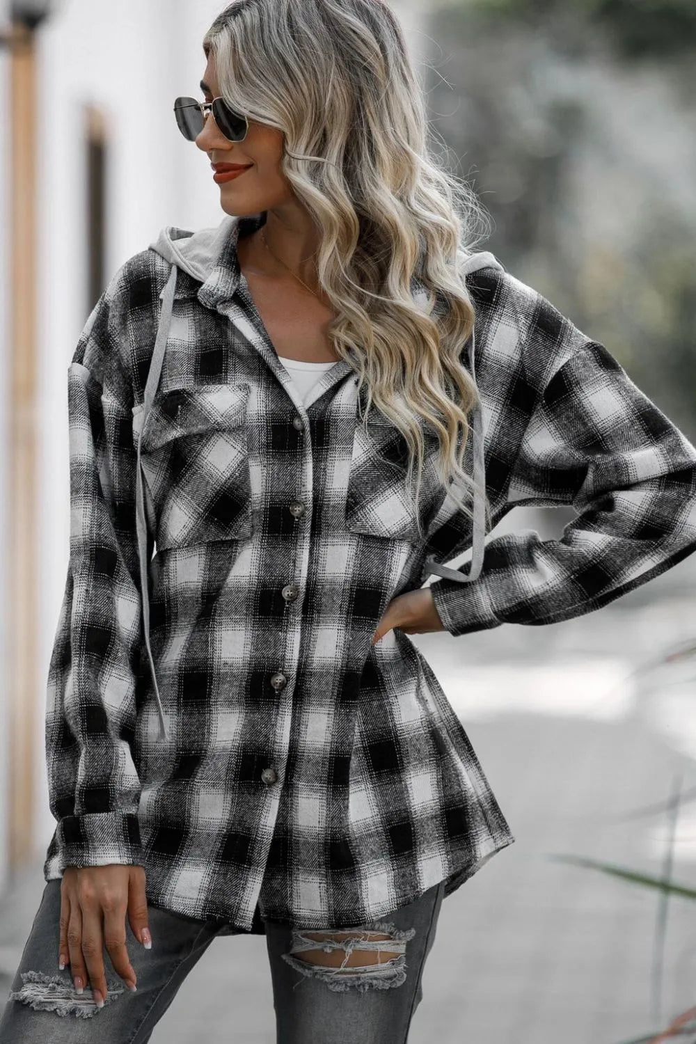 Drawstring Plaid Long Sleeve Hooded Shacket (9)