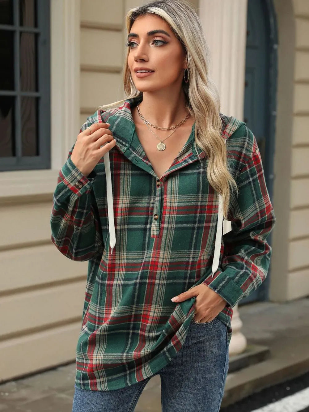 Drawstring Plaid Hooded Long Sleeve Top (5)