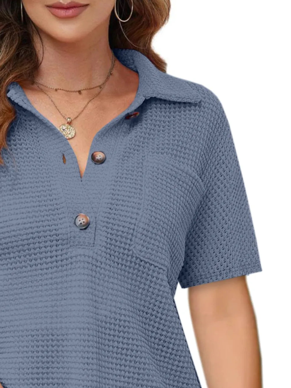 Waffle-knit Short Sleeve Polo Shirt (15)
