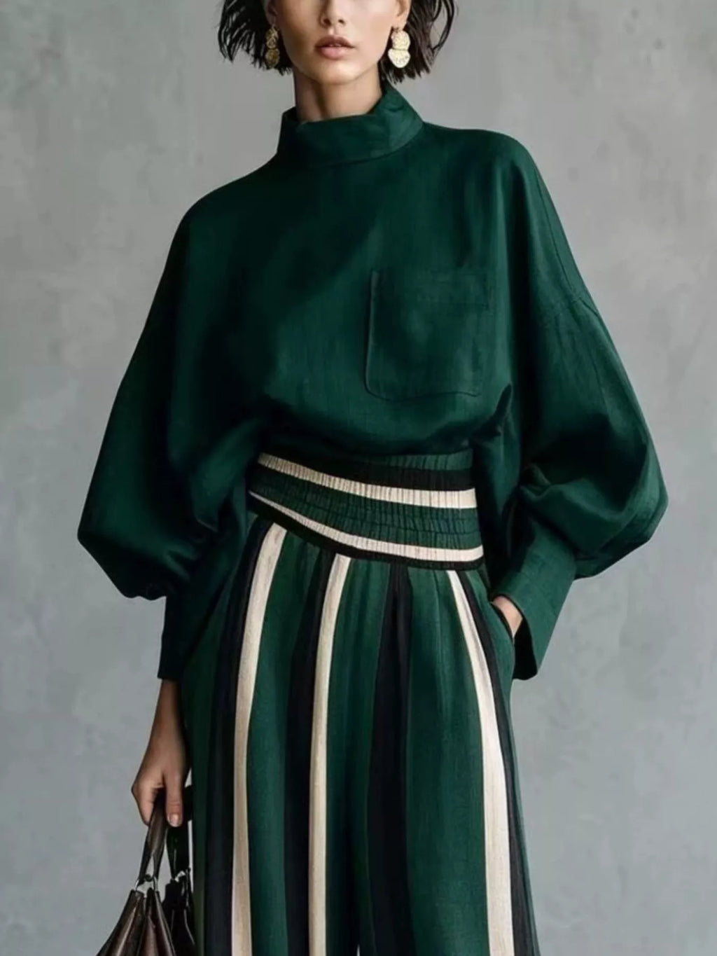 Full Size Mock Neck Top Striped Wide-leg Pants Set Plus (11)