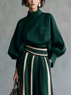 Full Size Mock Neck Top Striped Wide-leg Pants Set Plus (11)