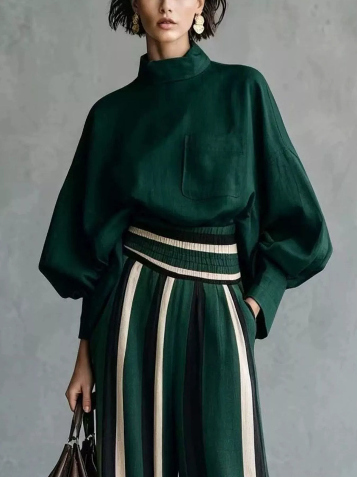 Full Size Mock Neck Top Striped Wide-leg Pants Set Plus (11)