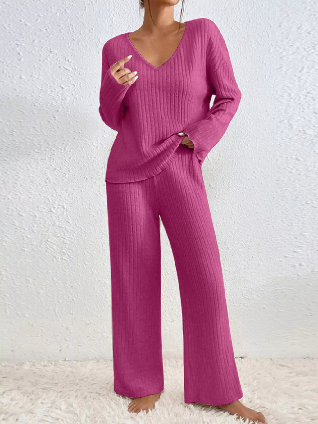Ribbed Knit V-neck Top Pants Set (3)