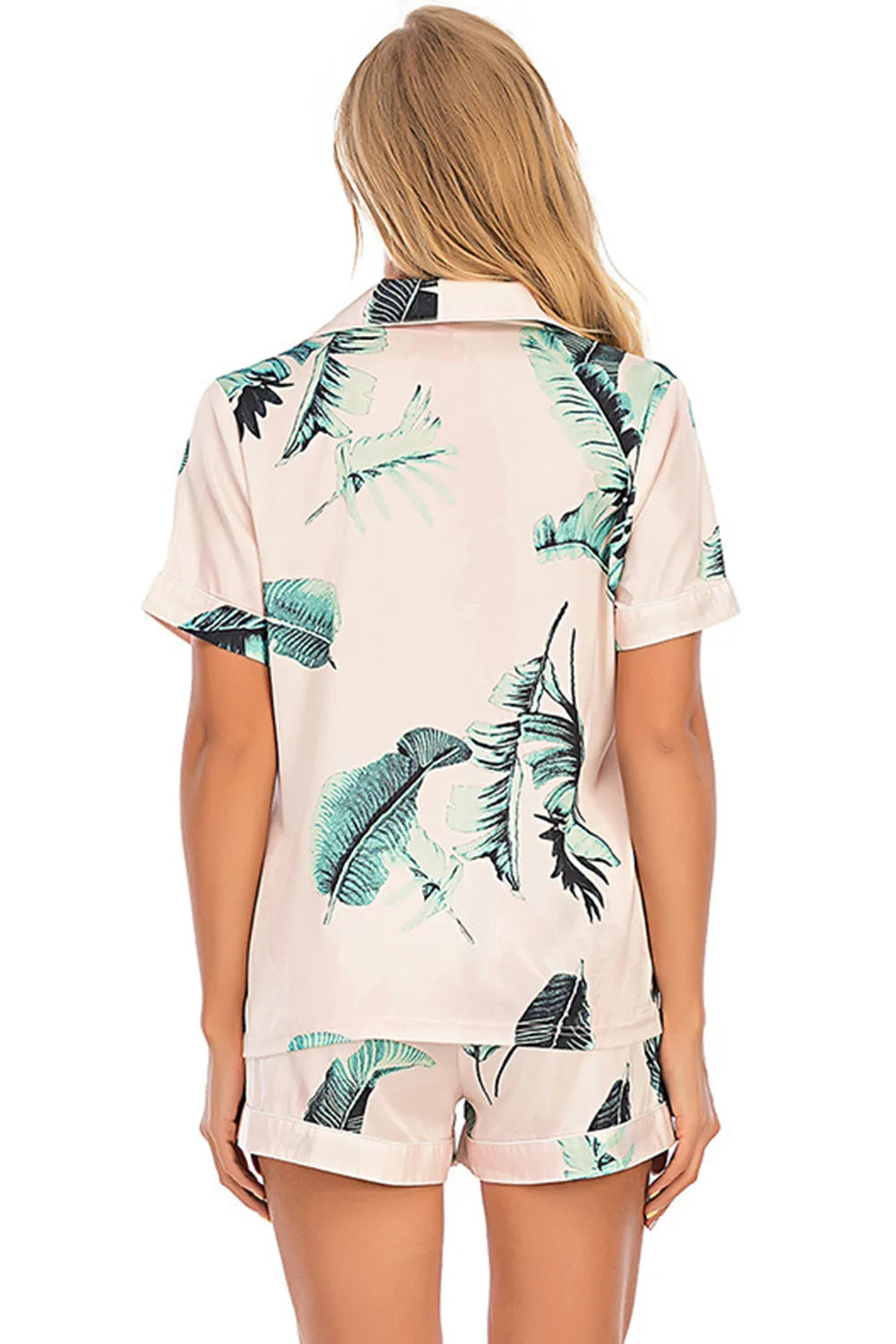 Printed Button Up Short Sleeve Top Shorts Lounge Set (6)