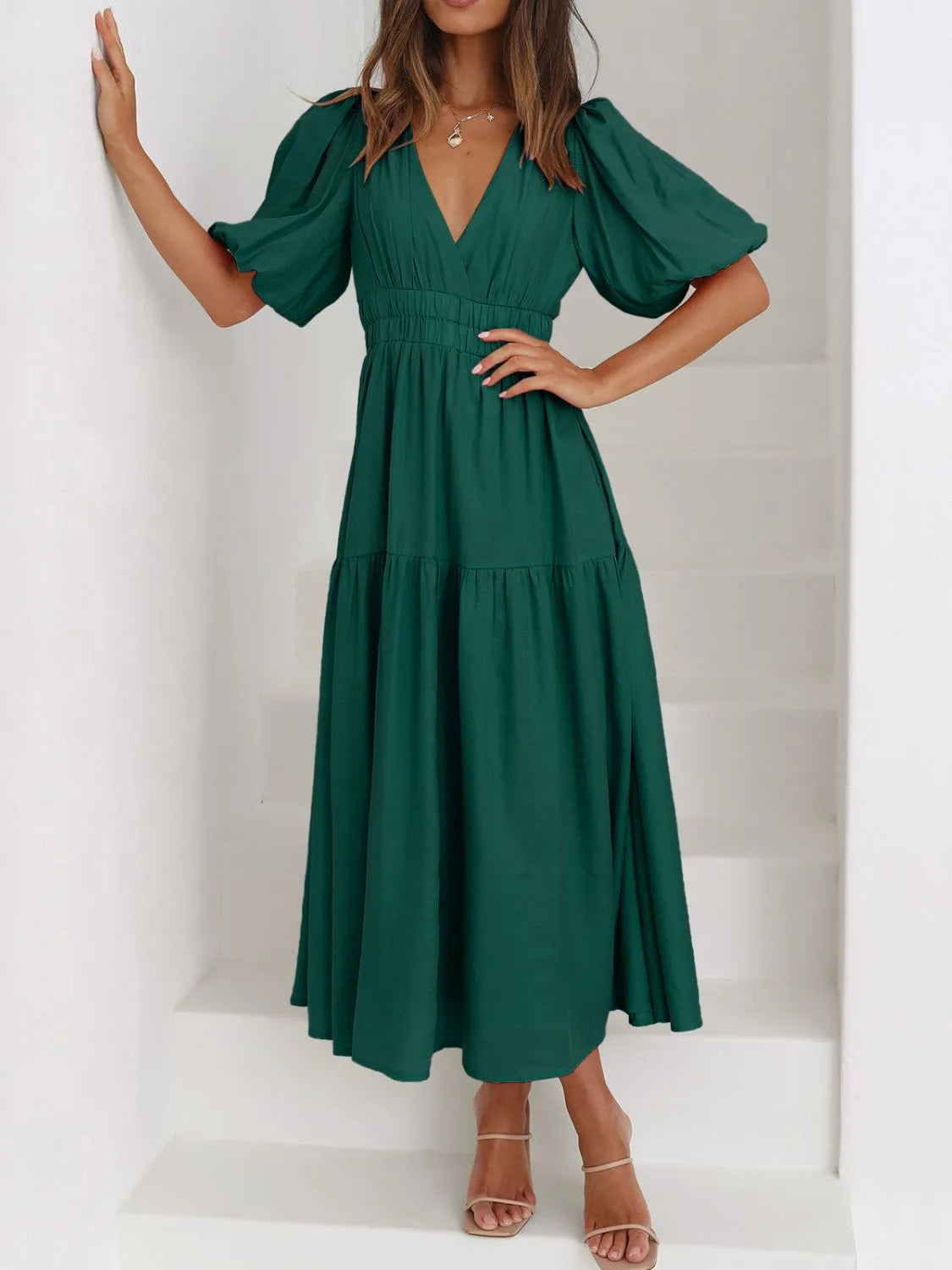 V-neck Puff Sleeve Midi Dress (22)