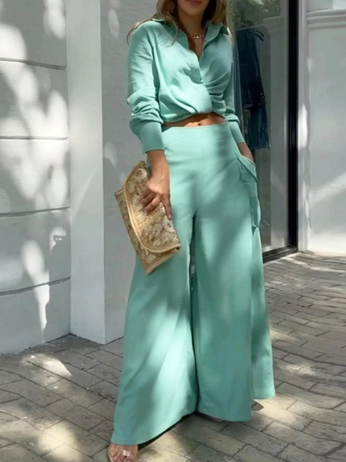 Long Sleeve Shirt Wide Leg Pants Set (17)
