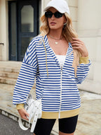 Drawstring Striped Zip Up Long Sleeve Hoodie (18)