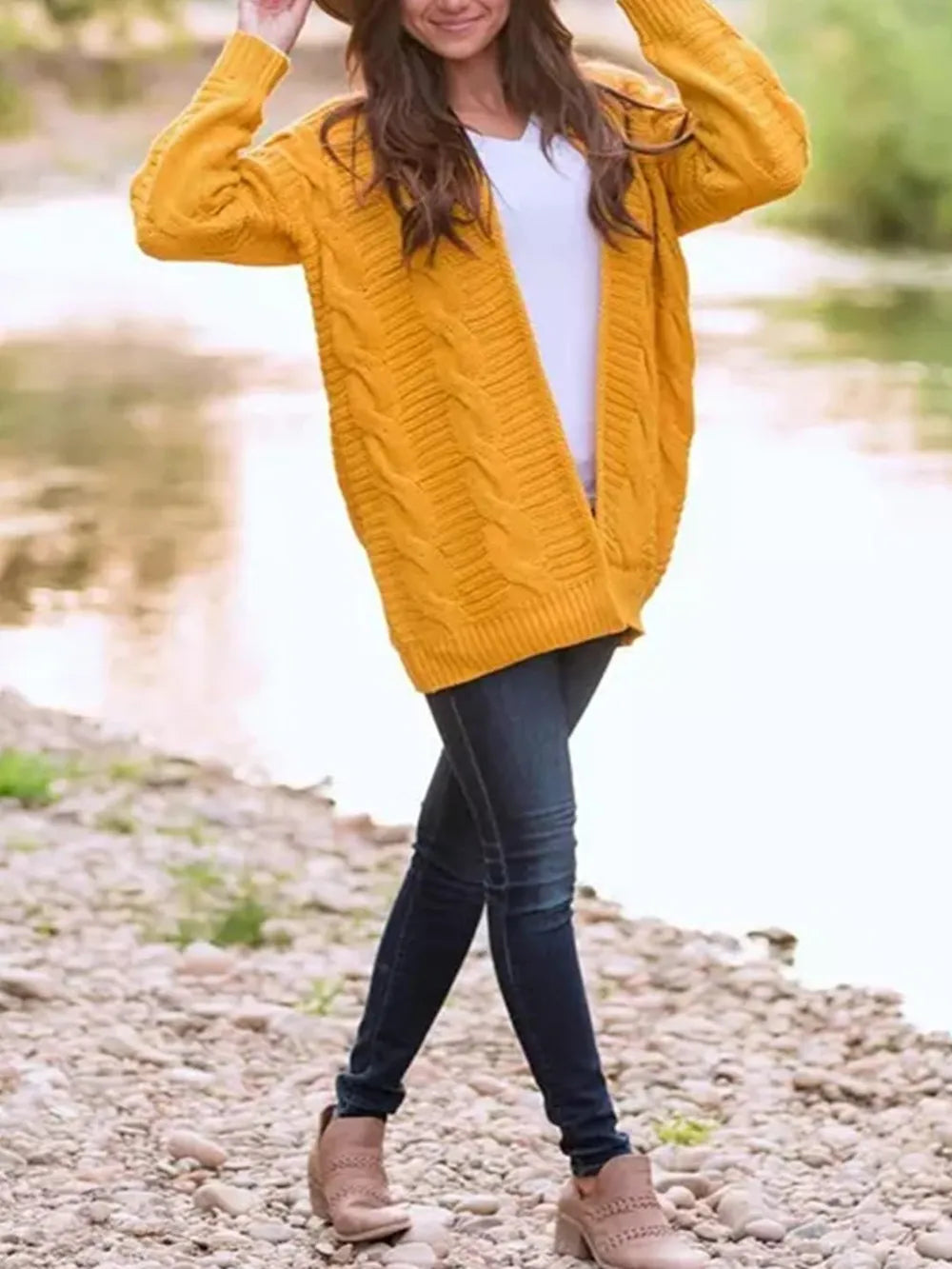 Cable-knit Open Front Long Sleeve Cardigan (5)