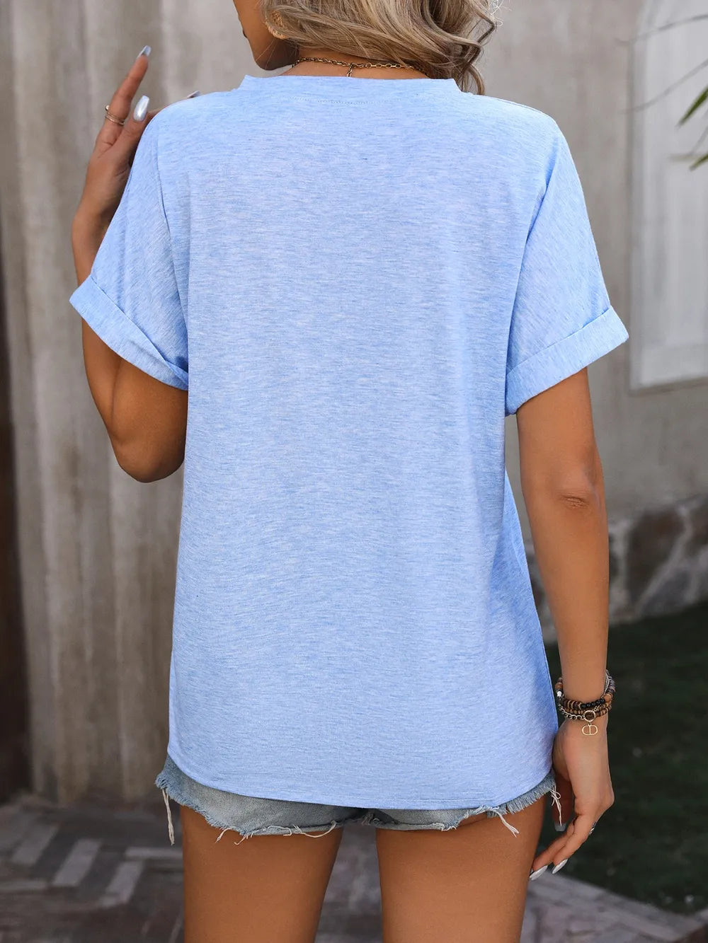 Notched Buttoned Short Sleeve T-shirt (2)