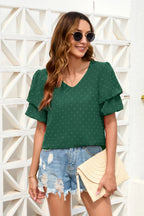 Swiss Dot V-neck Short Sleeve Blouse (12)