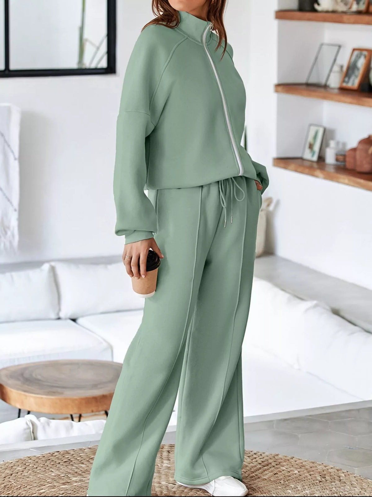 Drop Shoulder Zip Up Jacket Drawstring Pants Active 2pcs Set (32)