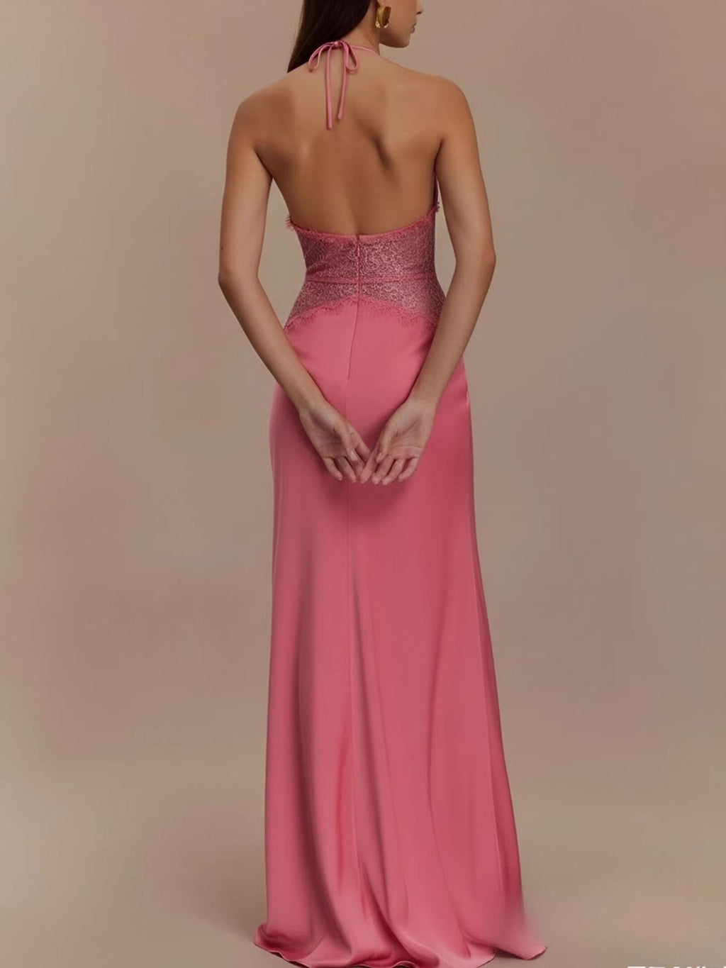 Halter Neck Lace Trimmed Maxi Dress (3)