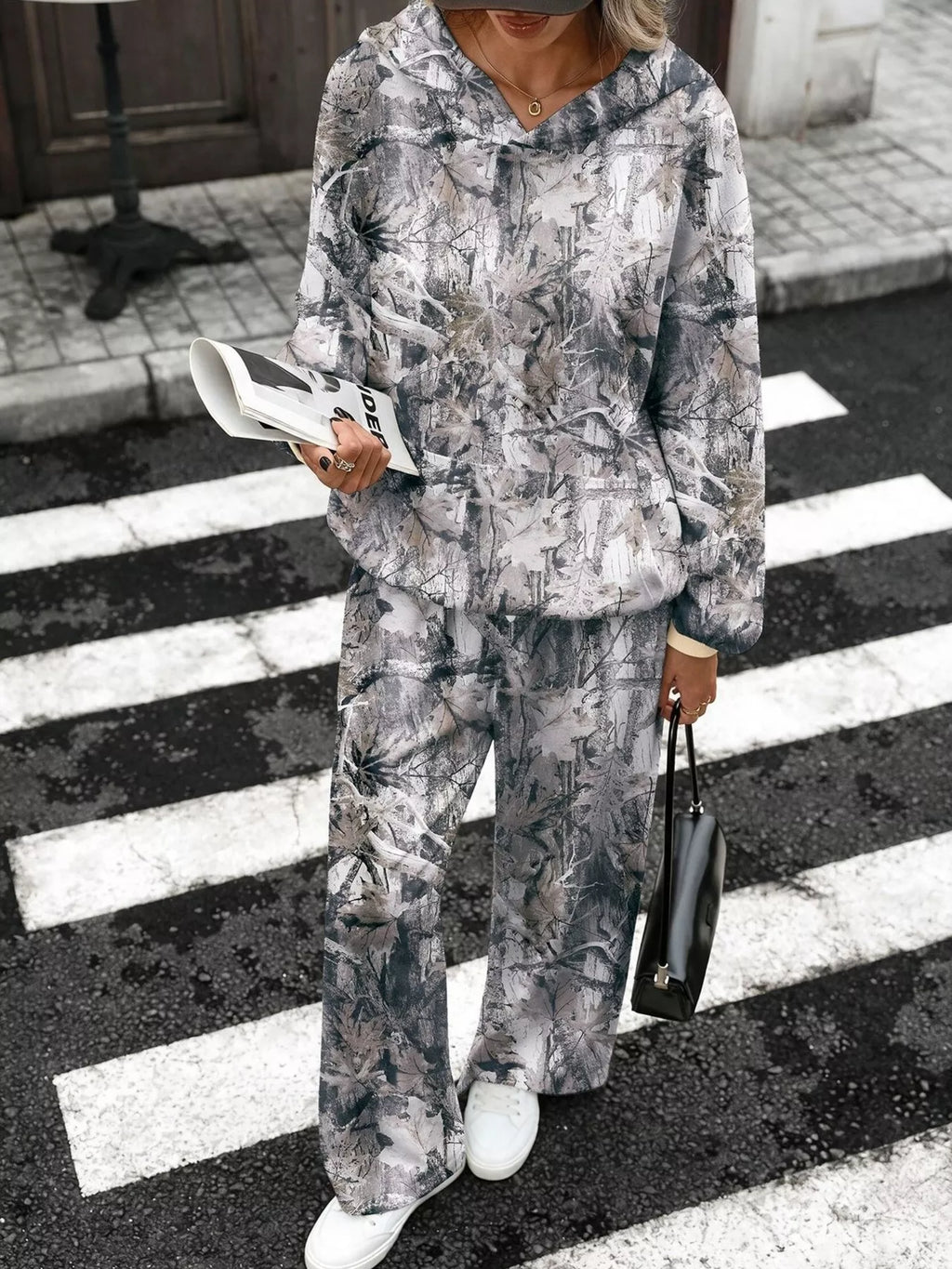Printed Long Sleeve Hoodie Pants Set