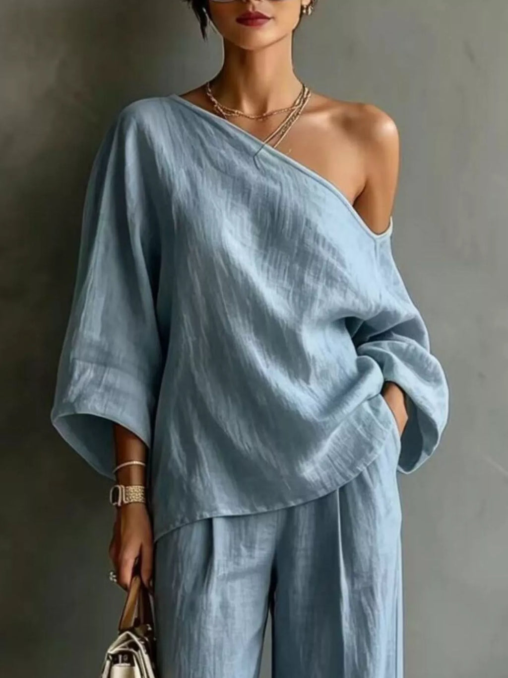 One Shoulder Top Wide Leg Pants Set (14)
