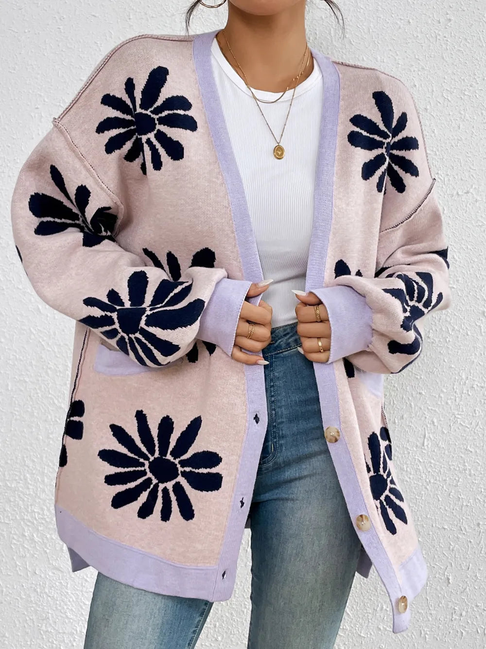 Contrast Dropped Shoulder Long Sleeve Cardigan (3)