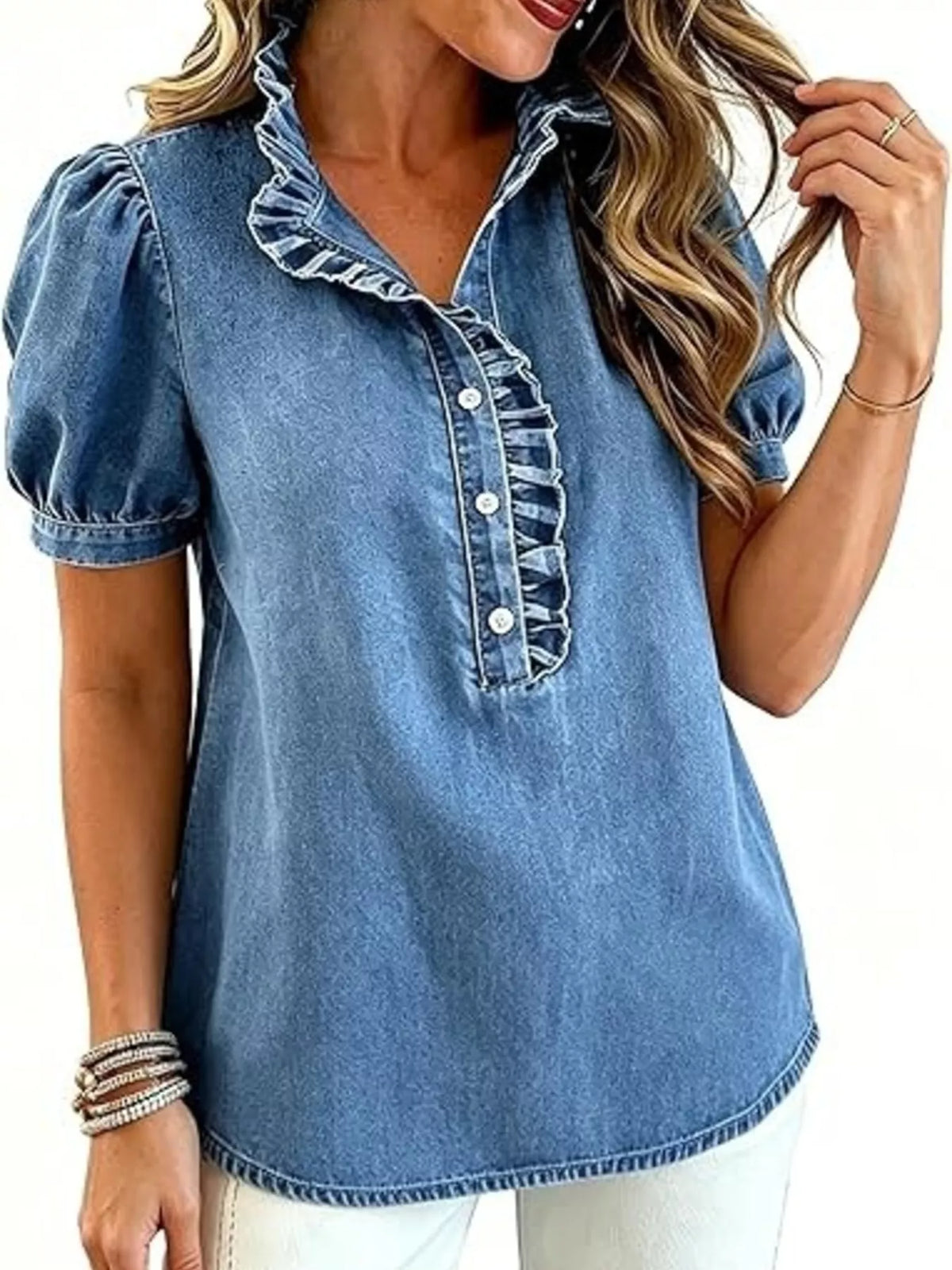 Frill Puff Sleeve Denim Top (9)