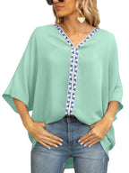 Oversized Contrast V-neck Half Sleeve Blouse (12)
