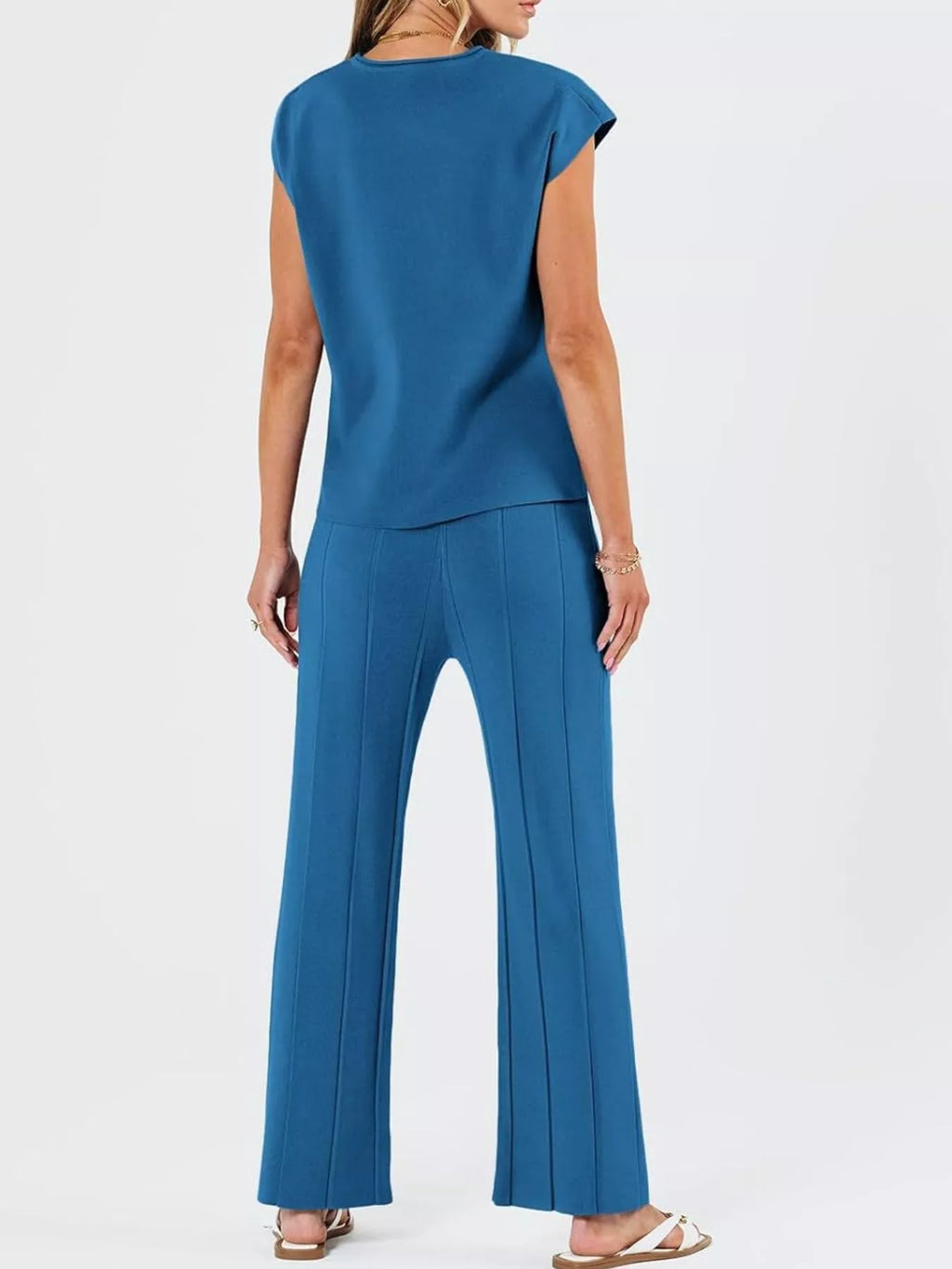 Casual Solid Color Cap Sleeve Top Pants Knit Set (3)