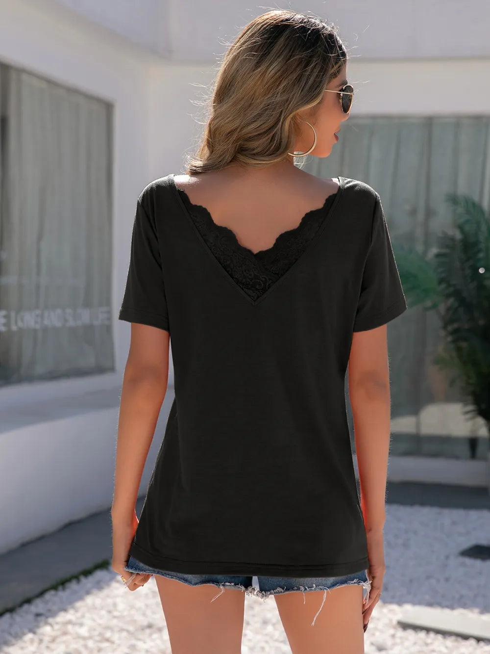 Lace Detail V-neck Short Sleeve T-shirt (12)
