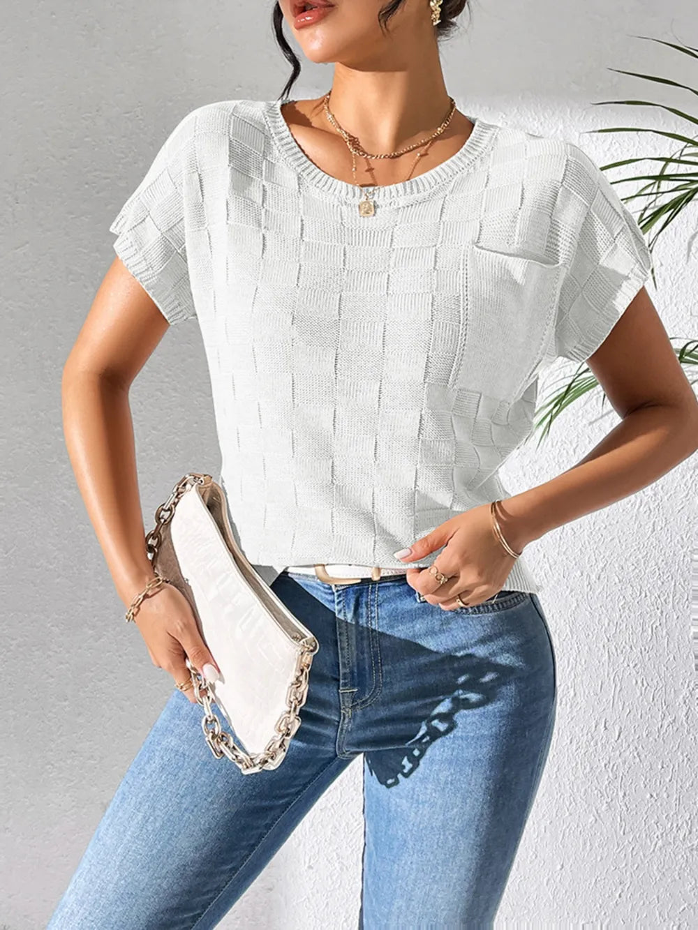 Round Neck Short Sleeve Knit Top (12)