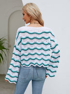 Round Neck Openwork Flare Sleeve Knit Top (8)